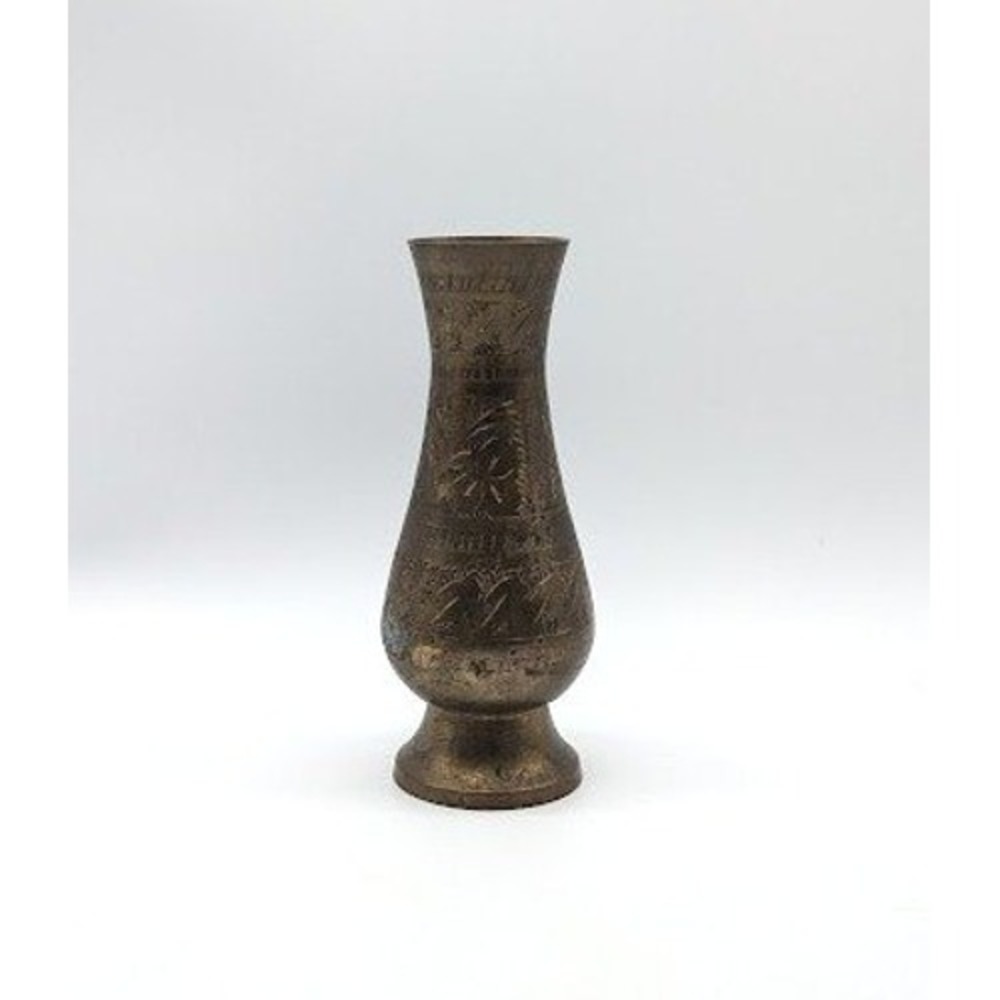 Vtg Etched Brass Bud Vase 4.5" Hand Engraved Floral Decorative India Moroccan